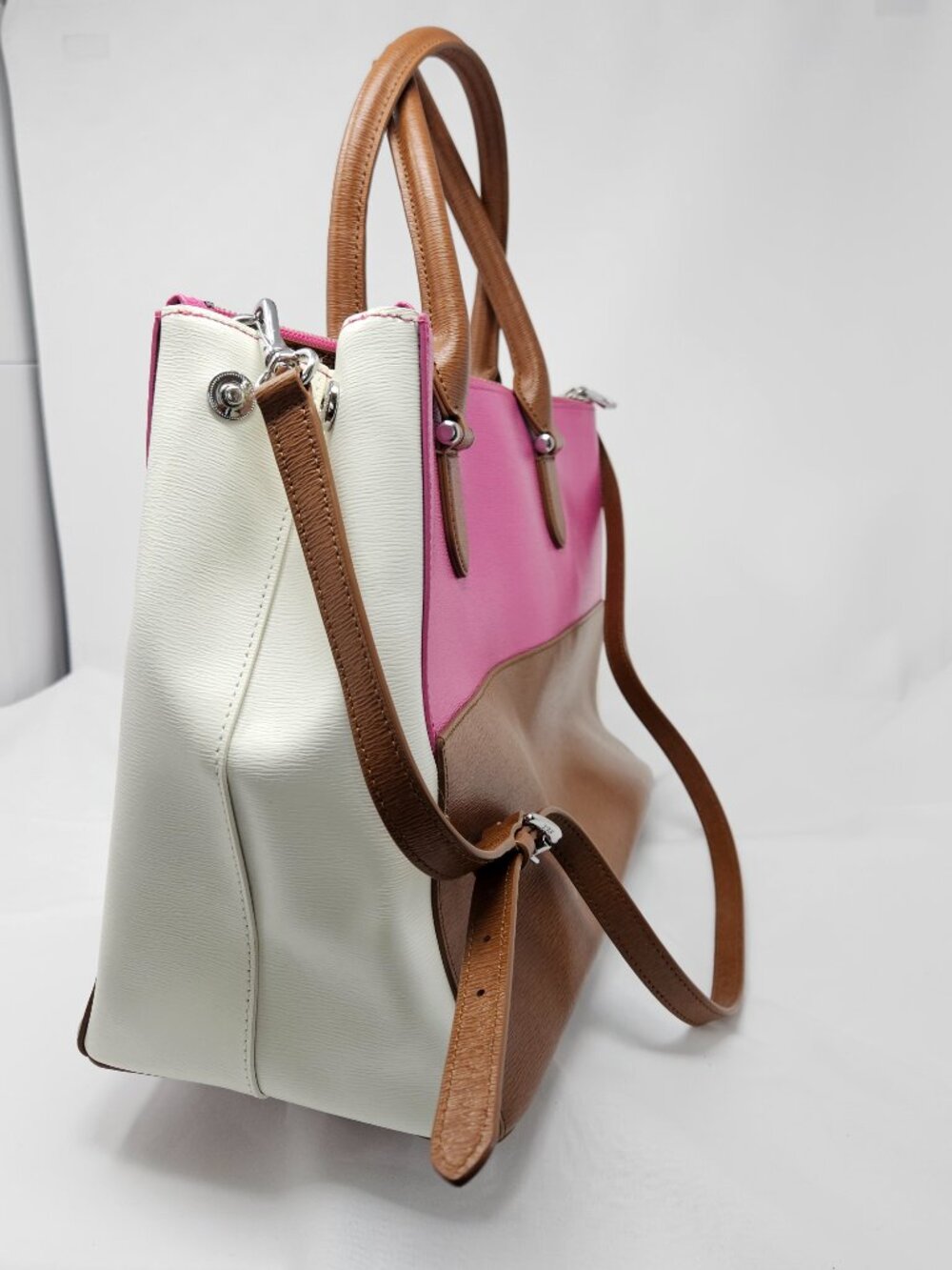 Lauren Ralph Lauren Newbury Tri-Color Leather Handbag - Brown / Vanilla / Rose - Picture 2 of 11